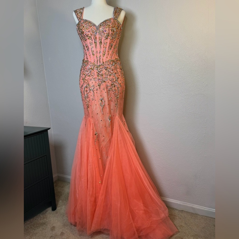 Panoply GownEmbellished Mermaid Beaded Lace Tulle Jeweled Salmon Nude Size 2